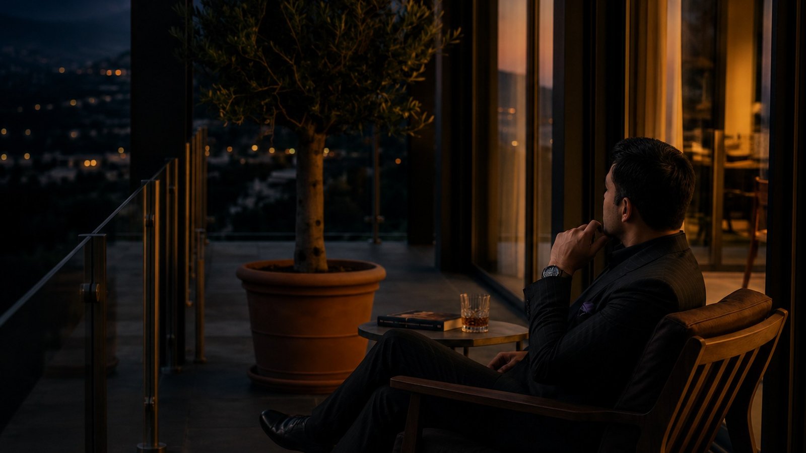 Yaman Jindal seated on a private terrace at dusk overlooking distant city lights